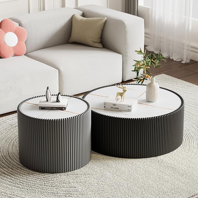 Round Living Room Table Set, 29.52" Black Drum Center Table and 17.71" Grey Coffee Table Set, 2 Pieces Coffee Table Set with Sintered Stone Tabletop, Fluted PU Leather Covered and StableBase
