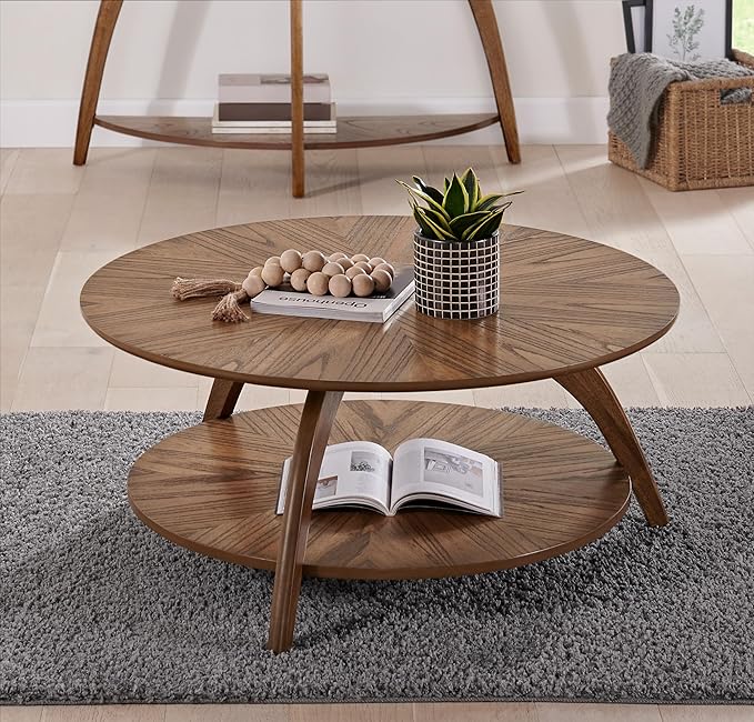 Martin Svensson Home Round Wood Retro Mid-Century Modern Round Wood Coffee Table with Lower Shelf, Cocktail Table for Living Room or Den. Nutmeg Brown.