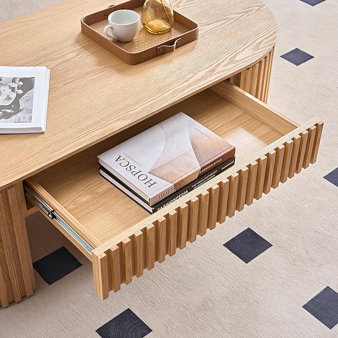 WILLIAMSPACE 51.18" Oak Oval Coffee Table with Drawer, Modern Luxury Wood Center Table Coffee Table for Living Room, Accent Side Table End Table for Apartment, 51.15" x 23.62" x 14.56" (Oak)