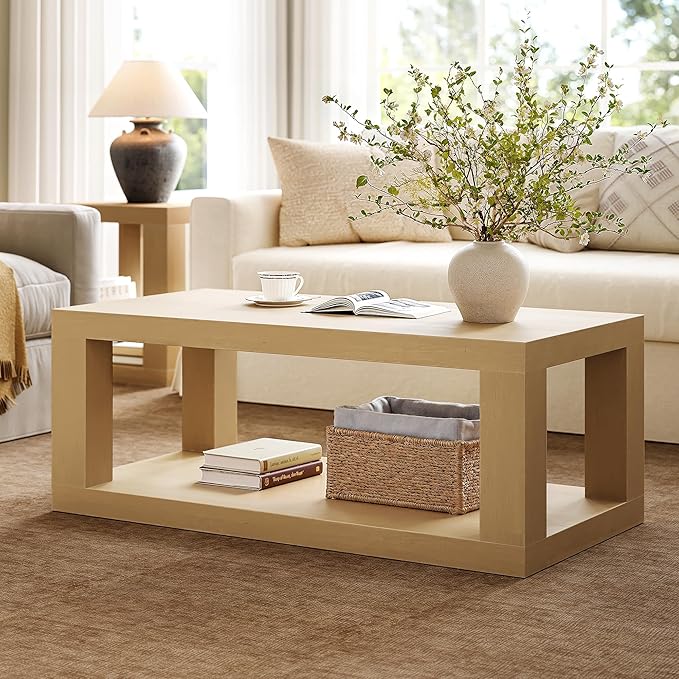 Wooden Coffee Table, 47" Rectangle Coffee Table with 2-Tier Storage Space, Large Farmhouse Center Table Space Saving, Coffee Tables for Living Room Home Office Apartment, Easy Assembly