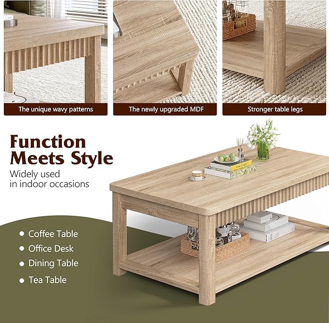 Coffee Table, 39 Inch Modern Coffee Tables for Living Room with 2-Tier Storage & Wave-Edge, Oak Center Table for Bedroom/Office