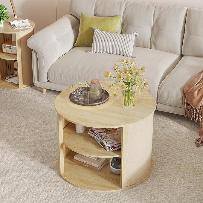 Wood Round Coffee Table with Storage, 2-Tier Boho Wooden Center Coffee Table with Adjustable Shelf, Sackcloth Finish, Farmhouse, for Living Room, 27.5 Inches