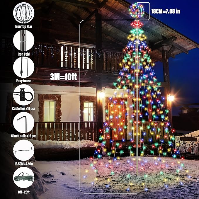 Flacchi 10 FT 432 LED Ball String Lights Outdoor - Pole Set with Remote, Multiple Lighting Modes, Timer, and Waterproof Feature for Ultimate Holiday Decor (Warm White & Multicolor)