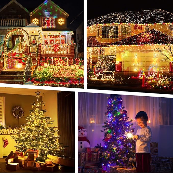 JMEXSUSS 2 Pack 100 LED Color Changing Christmas Lights, Connectable Warm White & Multicolor String Lights Outdoor Waterproof, Clear Wire Christmas Tree Lights Indoor for Xmas Bedroom Proch Decoration