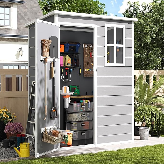 Amopatio Outdoor Storage Shed with Floor,5x3 FT Lockable Plastic Tool Shed with Ventilation,Waterproof Resin Garden Sheds for Backyard,Patio,Lawn and Bike Grey
