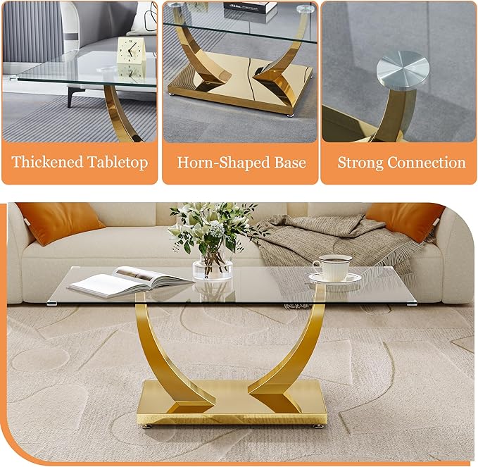 47" Glass Coffee Table, Modern Rectangular Center Table with Tempered Glass Top and Gold Horn-Shaped Stainless Steel Base for Apartment, Office