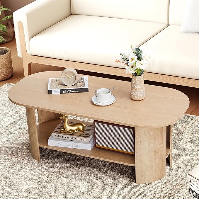 43.3” Oval Coffee Table for Living Room, Wood Farmhouse Coffee Tables with Storage, 2-Tier Center Table with Storage Shelf Low Tea Table for Small Space, Home, Office, Easy Assembly (Natural)
