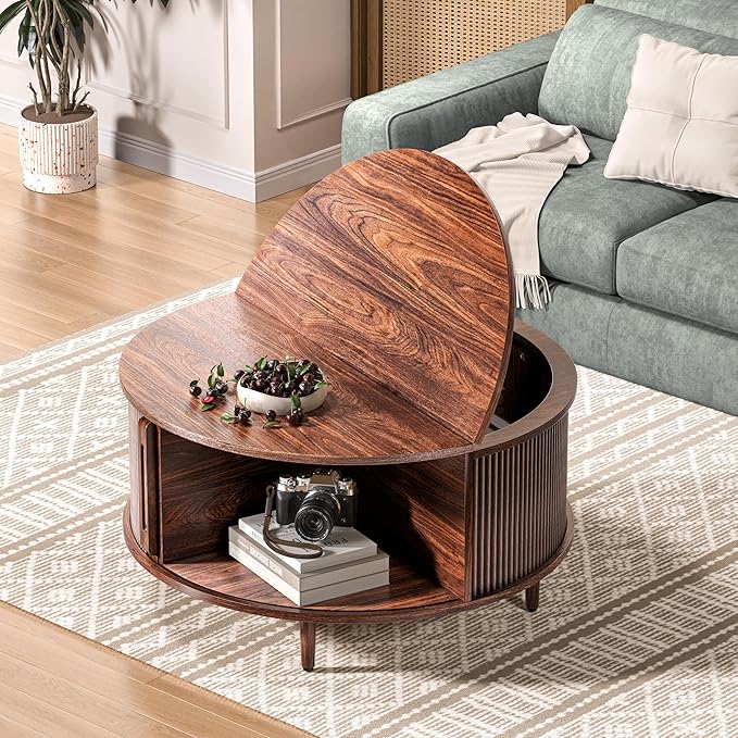 Round Coffee Table, 31.5" Fluted Center Table with Storage, Lift-Top Coffee Table with Adjustable Footpads, Sliding Door, Mid-Century Modern Center Table for Living Room, Small Space (Walnut)