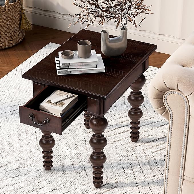 Amposei Retro Wooden Side End Table Vintage Nightstand Bedside Table with 1 Storage Drawer & Solid Wood Legs for Living Room Bedroom, No Assembly, Espresso