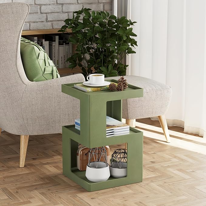 COZAYH Farmhouse Geometric Wood End Table, Distressed Accent Side Table with Two Storage Space, 3-Layer Cube Design for Bedroom, Living Room, Entryway, Green