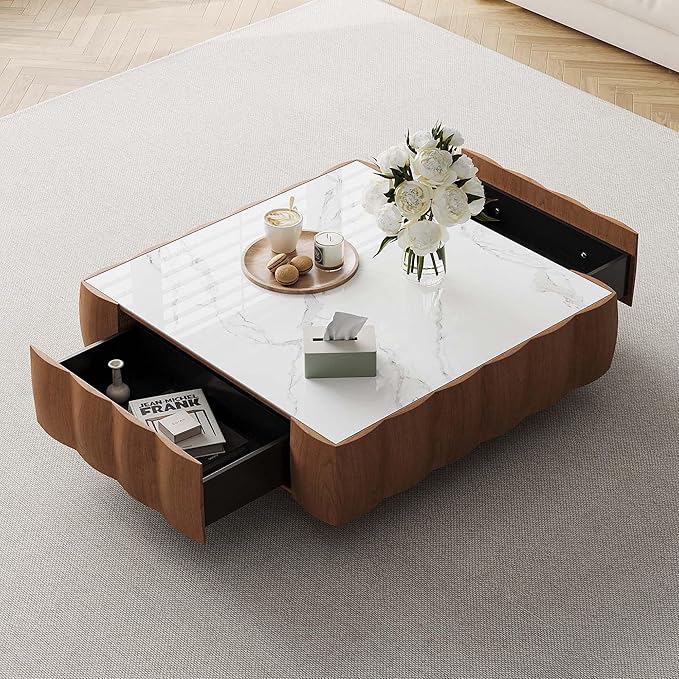 Fully Assembled Square Coffee Table Modern with Storage, 36.2" Toast Shape Luxury Wooden Center Table with Marble Look Table Top, for Living Room, Small Space