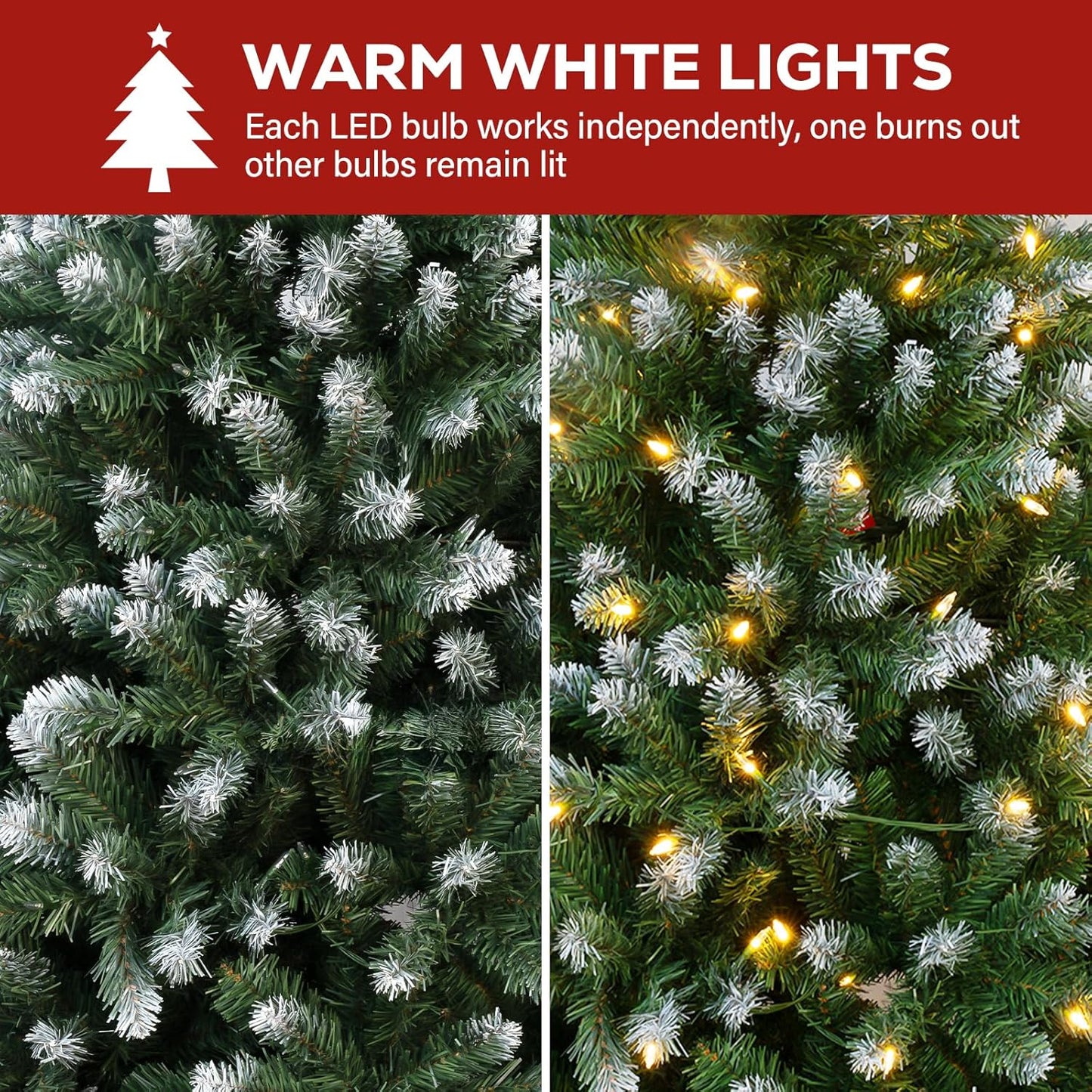 Hykolity 7.5 ft Prelit Christmas Tree, Artificial Christmas Tree with 350 Warm White Lights, 1446 Branch Tips, Metal Stand and Hinged Branches
