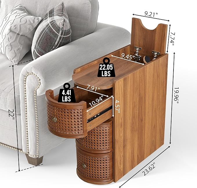 Metal Rattan Narrow End Table with Charging Station, Farmhouse Side Table with Drawers Storage, Small Night Stand with Power Outlets and USB Ports, Sofa Side Table for Living Room - Walnut