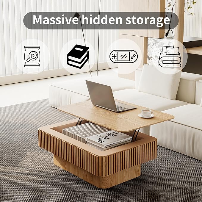 38.6" Lift Top Coffee Table, Modern Fluted Tea Table with Hidden Storage for Living Room, Apartment or Office, Natural Wood
