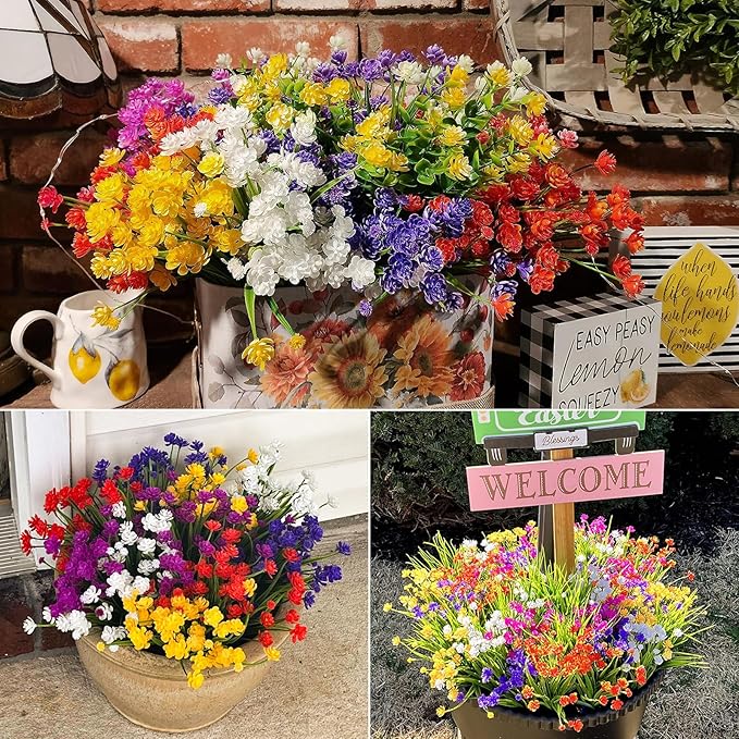 Lnoicy 20pcs Artificial Flowers for Outdoor,Plastic Flowers Decoration, UV Resistant Faux Flowers Shrubs, Artificial Plants for Indoor Outside Garden Home Wedding Farmhouse(7 Colors)