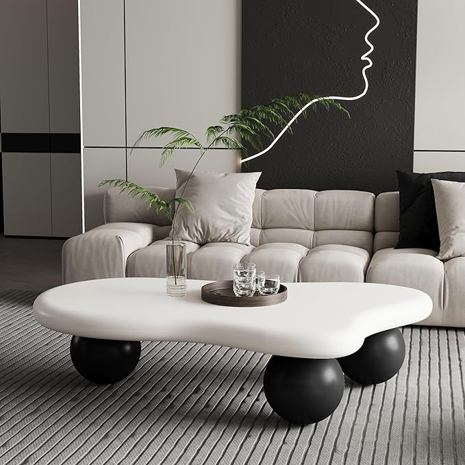 47.2” Cloud Coffee Table with 3 Ball Legs, Modern Lrregular Center Table for Living Room, Low Cute Small MDF Tea Table for Bedroom, Space Apartment-White Black