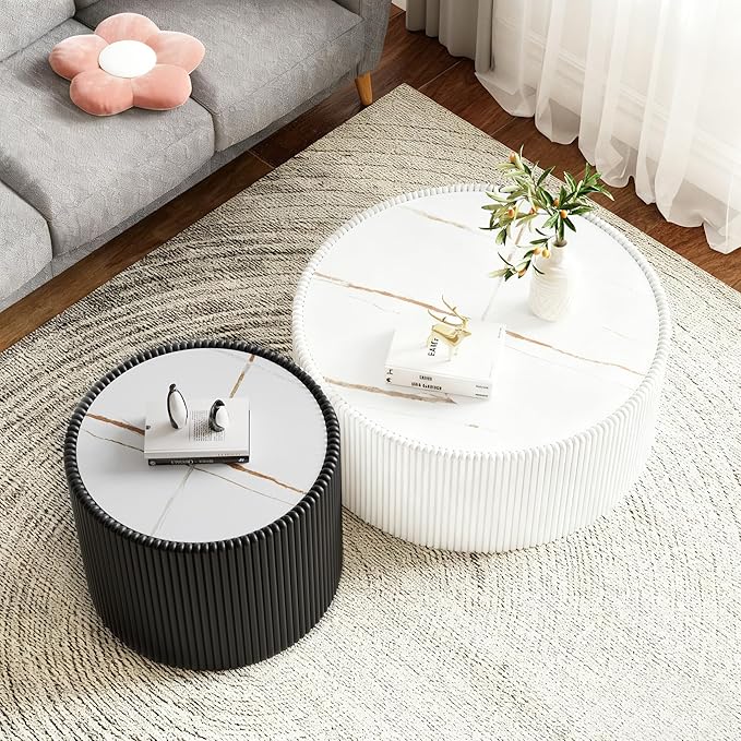 Round Living Room Table Set, 29.52" White Drum Center Table and 17.71" Black Coffee Table Set, 2 Pieces Coffee Table Set with Sintered Stone Tabletop, Fluted PU Leather Covered and StableBase