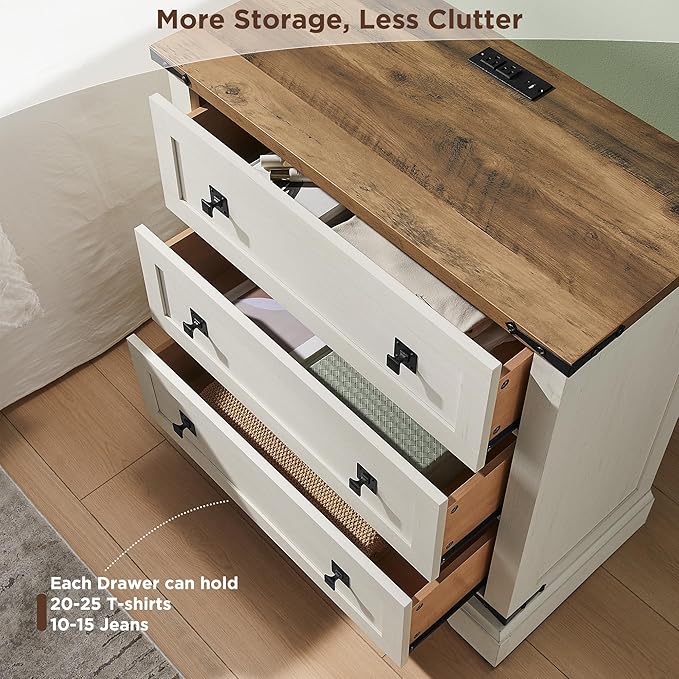T4TREAM 32" Farmhouse Nightstand with Charging Station Set of 2, Large End Table with 3 Storage Drawers, Rustic Wood Bedside Table for Bedroom, Living Room, Antique White