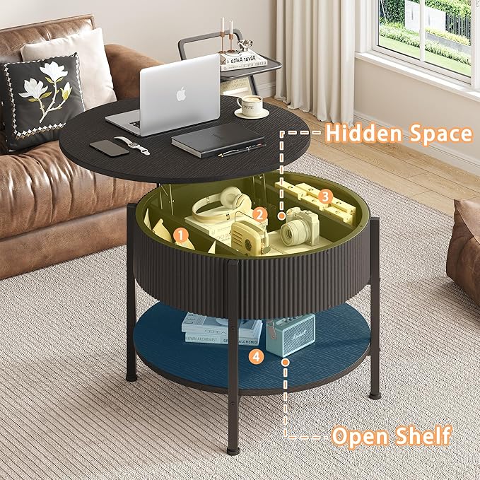 Round Coffee Table, Fluted Lift Top Coffee Table with Hidden Compartment and Open Shelf, 26.77” Small Central Table for Living Room, Home Small Space, Mid-Century Black