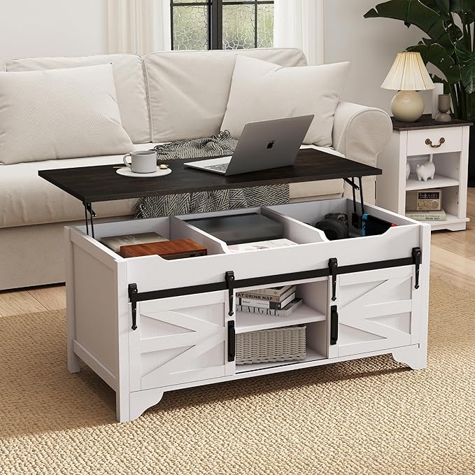 Lift Top Coffee Table with Sliding Barn Door 47.64" W Rustic Storage Coffee Tables, Wood Rectangle Center Table with Hidden Storage Compartment for Home, Office, White and Black