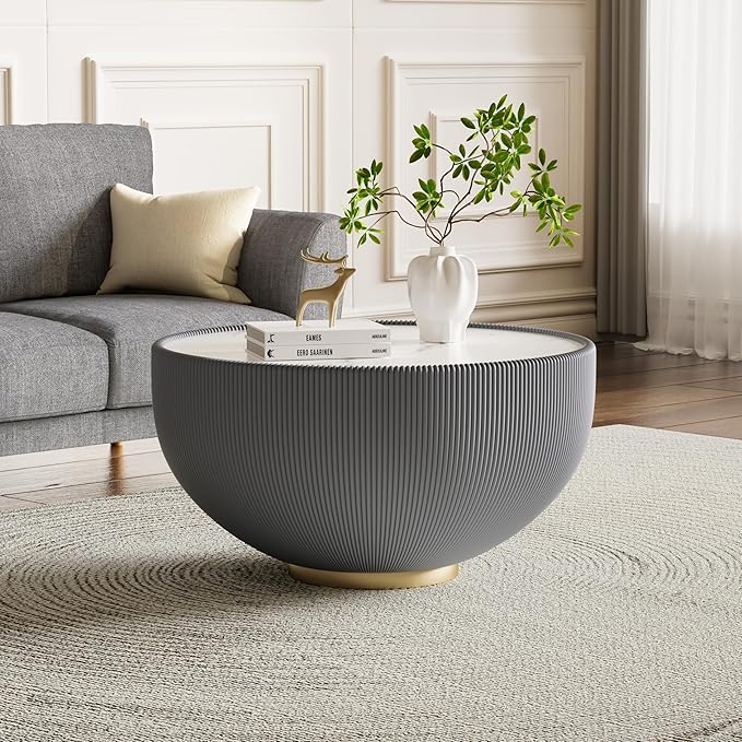Round Living Room Table Set, 27.56" Grey Drum Center Table and 19.69" Orange Coffee Table Set, 2 Pieces Coffee Table Set with Sintered Stone Tabletop, Fluted PU Leather Covered and Metal Base