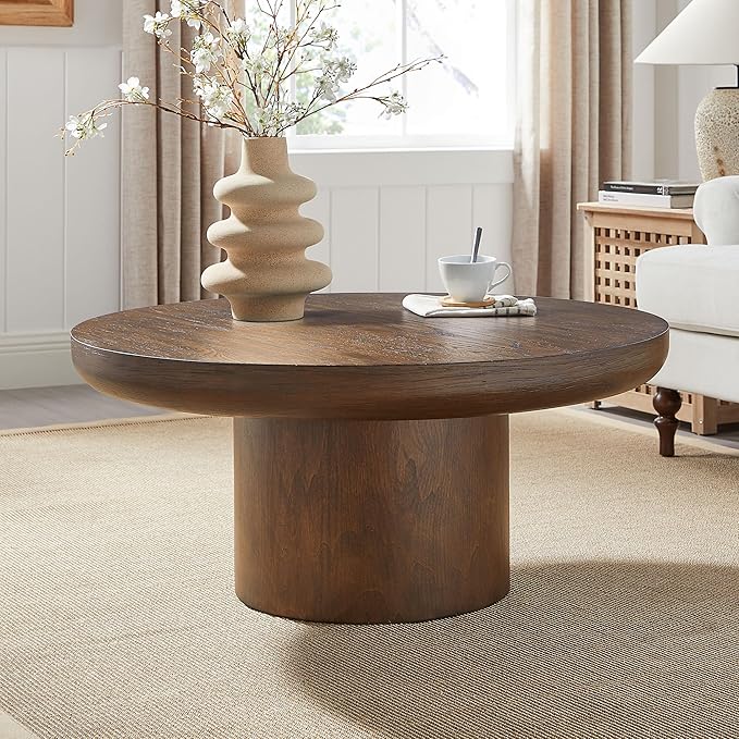 36" Round Coffee Table Solid Wood Coffee Table for Living Room Rustic Retro Circle Coffee Table Pedestal Center Table for Apartment, Easy Assembly (Dark Brown)