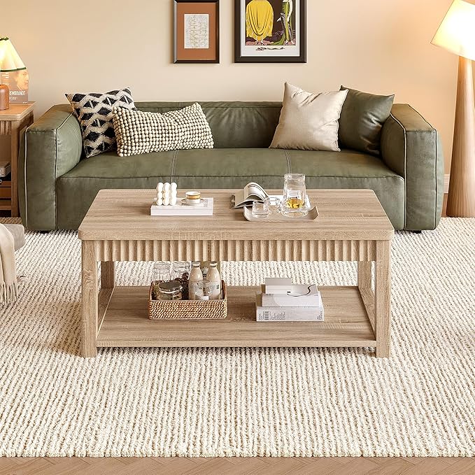 Coffee Table, 39 Inch Modern Coffee Tables for Living Room with 2-Tier Storage & Wave-Edge, Oak Center Table for Bedroom/Office