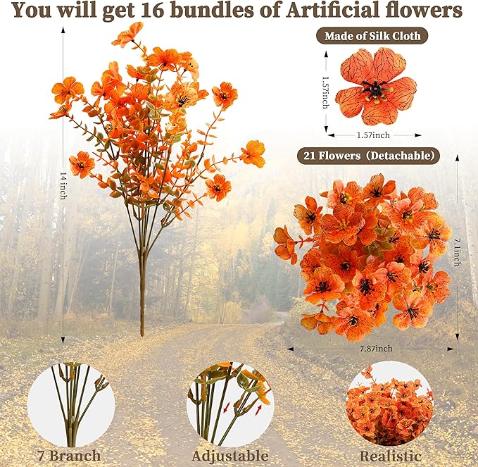 16 Bundles Artificial Mums for Outdoors/Indoors Faux Mums for Outdoor Planters, Eucalyptus Leaves Fall Flowers Artificial for Decoration Boxwood Garden Porch Window Home Wedding (Yellow&red Green)