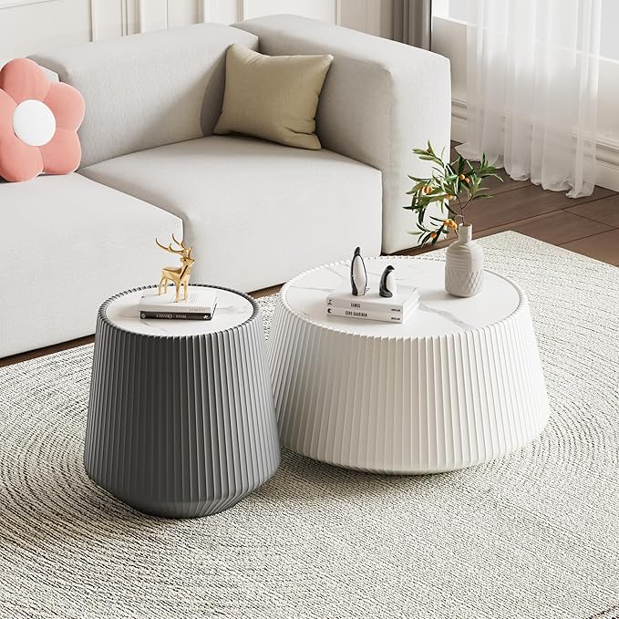 Round Living Room Table Set, 26.77" White Drum Center Table and 19.68" Grey Coffee Table Set, 2 Pieces Coffee Table Set with Sintered Stone Tabletop, Fluted PU Leather Covered and StableBase