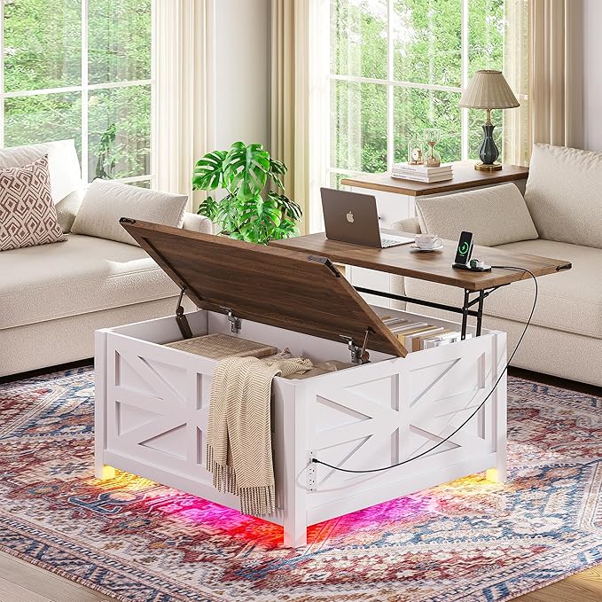 Farmhouse Coffee Table with Lift Top Storage, Square Wood Center Table, USB Charging Station,White