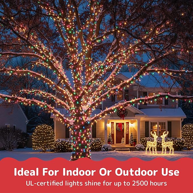 PREXTEX 50 Ct. Multi-Color Christmas Tree Lights with Green Wire - 10 Ft String Lights for Indoor and Outdoor Use - Multicolor Incandescent Christmas Tree Decoration with End-to-End Connectors