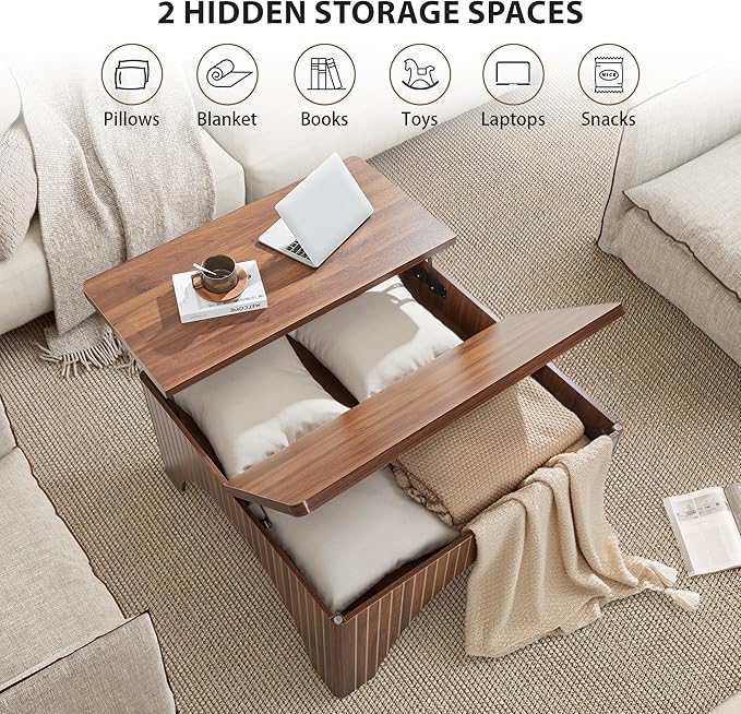 39'' Square Coffee Table with Storage, Farmhouse Lift Top Coffee Table for Living Room Fluted Wood Center Table Arched Dining Table with 2 Hidden Storage Compartment (Walnut)