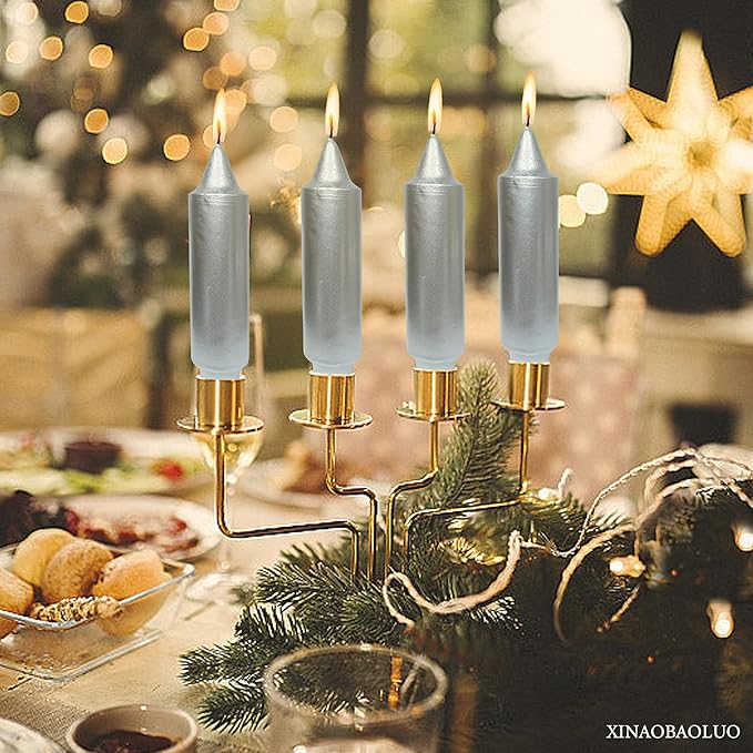 5Inch Short Taper Candles Candlesticks Handmade Set of 4 Unscented Smokeless Long Burning Dripless Tapered Candle for Wedding Christmas Decoration(Silver)