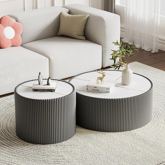 17.71" Grey Round Coffee Table, Drum Coffee Table with Sintered Stone Tabletop and Fluted PU Leather Covered and Stable Base, Circle Cocktail Tea Table for Living Room