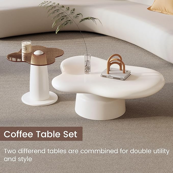 Nesting Coffee Table Set of 2, Cloud Shape Center & Small Tempered Glass Top Accent Side Table, Modern Home Decor Table Set for Living Room, Bedroom, Office