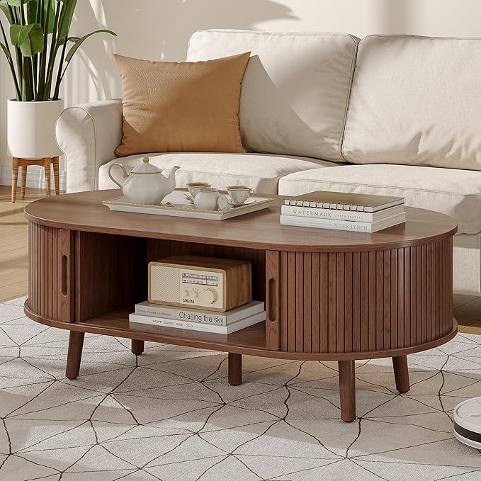Alohappy Oval Coffee Table, Mid Century Modern Coffee Table with Sliding Tambour Door, Fluted Center Table with Hidden Storage, Curved Profile Dining Table for Living Room, Home Office,Walnut