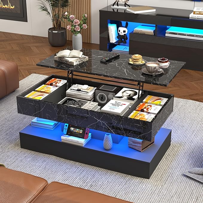 47.2" Large Lift Top Coffee Table with Charging Station, LED Modern High Glossy Center Table with Hidden Compartment Storage, Black Lift Living Room Tables with Marbling Print, Black