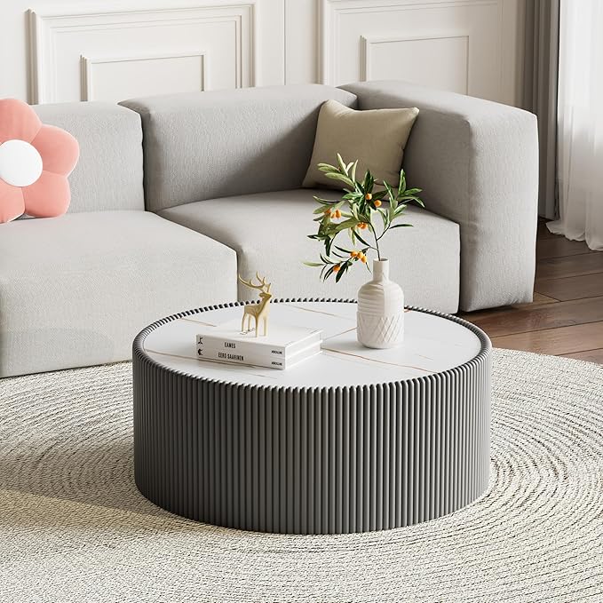 Round Living Room Table Set, 29.52" Grey Drum Center Table and 17.71" White Coffee Table Set, 2 Pieces Coffee Table Set with Sintered Stone Tabletop, Fluted PU Leather Covered and StableBase