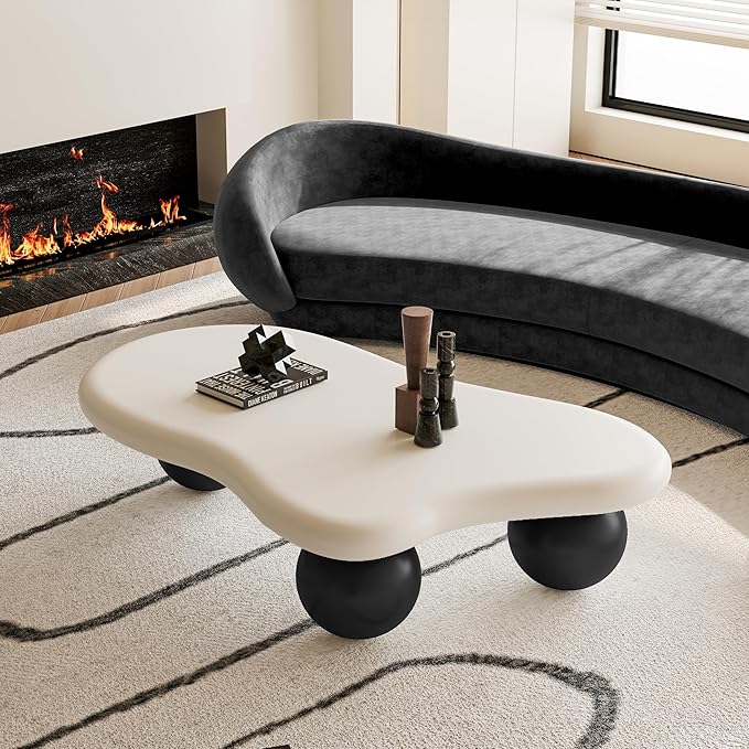 47.2” Cloud Coffee Table with 3 Ball Legs, Modern Lrregular Center Table for Living Room, Low Cute Small MDF Tea Table for Bedroom, Space Apartment-White Black