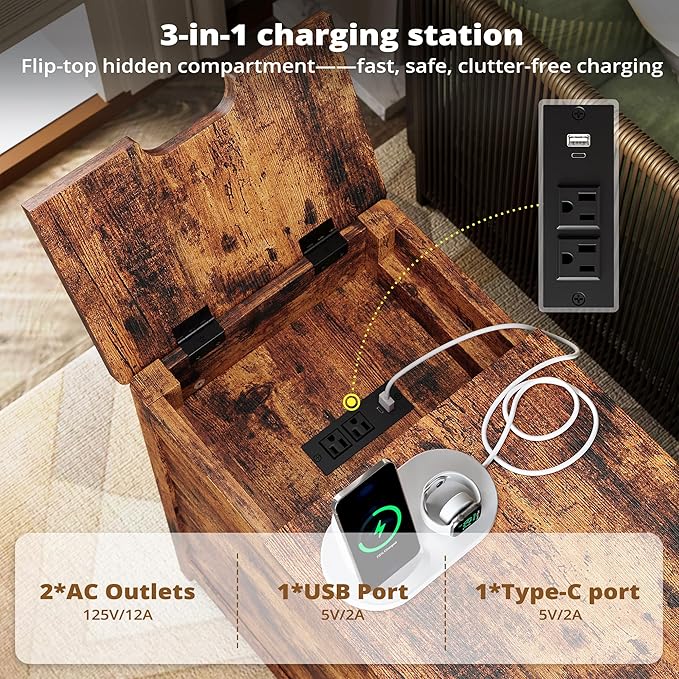IRONCK End Table with Charging Station, Narrow Side Table for Living Room, Farmhouse Night Stand for Bedroom, Beside Table with Storage and Drawer for Home, Vintage Brown
