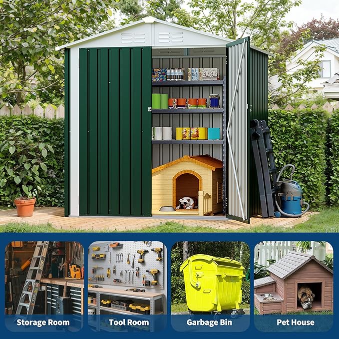 6x4 FT Outdoor Storage Shed, Garden Tool Storage Shed with Sloping Roof and Double Lockable Door, Outdoor Sheds with Panel Protection for Backyard Garden Patio Lawn,Green