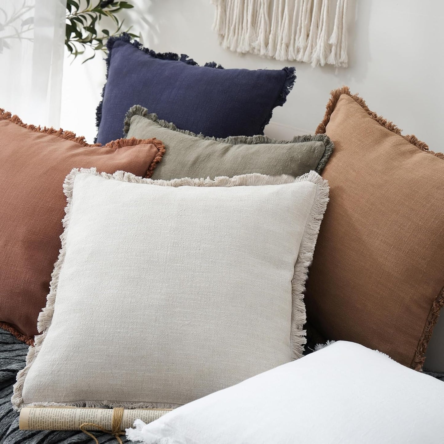 Foindtower Set of 2 Decorative Linen Fringe Throw Pillow Covers Cozy Boho Farmhouse Cushion Cover with Tassels Soft Accent Pillowcase for Couch Sofa Bed Living Room Home Decor, 24×24 Inch, Beige