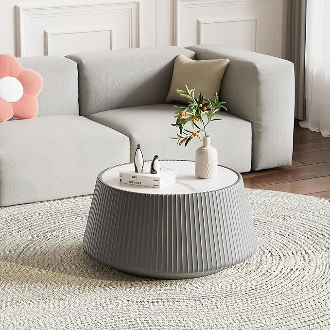 26.77" Grey Round Coffee Table, Drum Coffee Table with Sintered Stone Tabletop and Fluted PU Leather Covered and Stable Base, Circle Cocktail Tea Table for Living Room