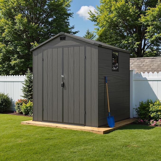 Greesum 6x6FT Plastic Storage Shed with Floor, Resin Outdoor Storaged Sheds with Lockable Double Door, Window and Vents, All-Weather Tool Sheds for Garden, Backyard, Patio, Dark Gray
