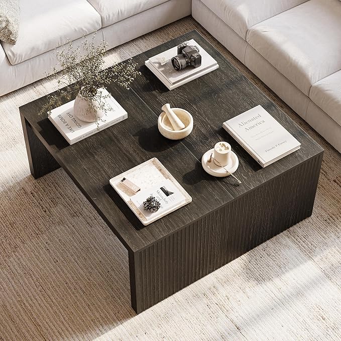 LITTLE TREE Square Coffee Table, 39.4-Inch Fluted Coffee Tables, Mid-Century Modern Center Cocktail Table for Living Room Bedroom, Easy Assembly, Black