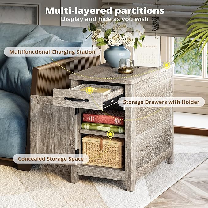 IRONCK End Table with Charging Station, Narrow Side Table for Living Room, Farmhouse Night Stand for Bedroom, Beside Table with Storage and Drawer for Home, Beige Maple