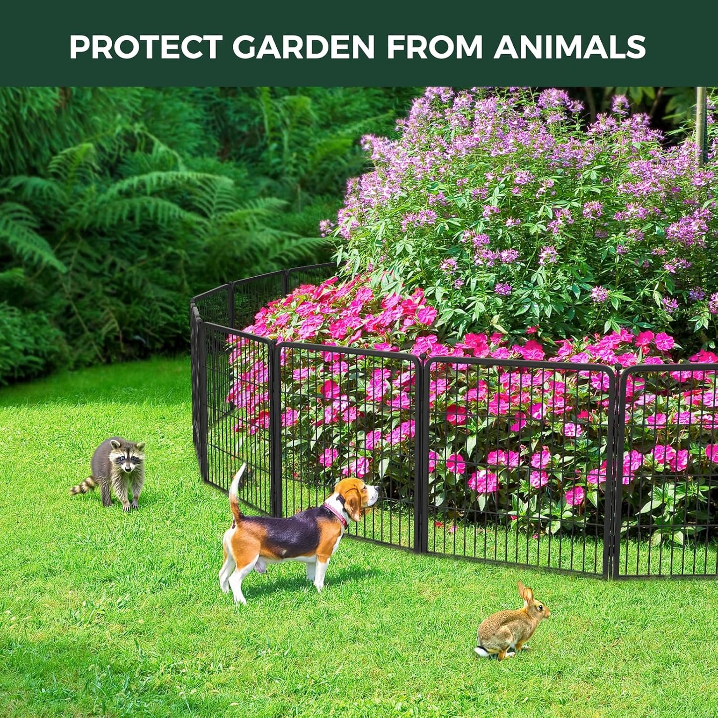 FXW Garden Fence Outdoor for The Yard – 24in(H) x 88.8ft(L) Heavy Duty Metal Animal Barrier for Dog and Rabbit, Decorative Dog Fence, 48 Panels, Black