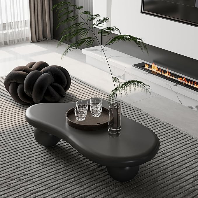 40” Cloud Coffee Table with 3 Ball Legs, Modern Lrregular Center Table for Living Room, Low Cute Small MDF Tea Table for Bedroom, Space Apartment-Black