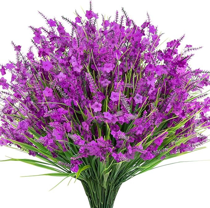 20 Bundles Artificial Lavender Flowers for Outdoors Fake Silk Flowers Faux Plants UV Resistant for Outside Indoor Spring Porch Window Garden Table Box Office Home Decorations, Fuchsia