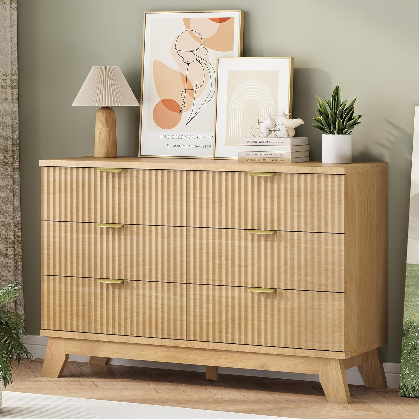 Fluted Dresser for Bedroom with 6 Drawers, 48" Wide Modern Chest of Drawers with Metal Handle, Wooden Dresser TV Stand, Wood Closet Clothes Storage Organizer for Living Room, Hallway, Natural Oak